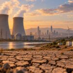 Central nuclear junto a infraestructuras eléctricas, aerogeneradores y paneles solares en un paisaje afectado por la sequía